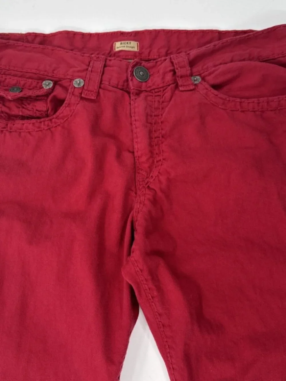 True Religion Red Jeans Mens 38x34 Ricky Relaxed Denim Thick Stitch SuperT Flap